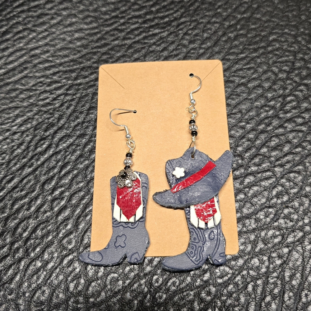 Genuine leather Cowboy Boot and Hat Earrings Handmade brand-new